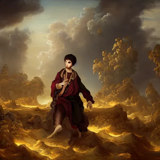Image similar to A epic and beautiful rococo painting of a young arab boy covered in yellow cloth surrounded by wolves of ashes, standing before a desert of ashes. ultra-detailed. Anime, pixiv, UHD 8K CryEngine, octane render