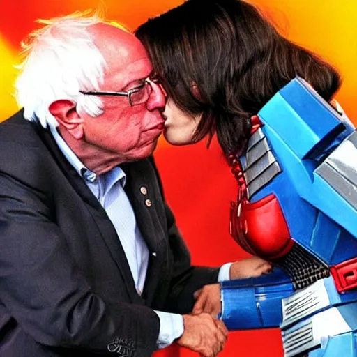 Image similar to bernie sanders kissing optimus prime