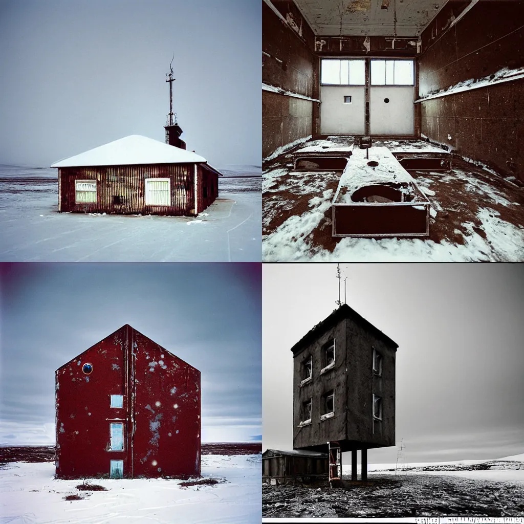 Prompt: an old and abandoned USSR research station in the arctic, photographed by award winning photographer danila tkachenko, 2003