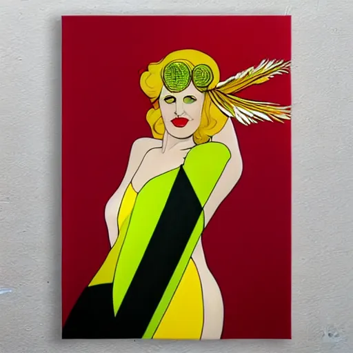 Image similar to art by joshua middleton, a medium shot portrait of the golden creeper, a tall manically smiling yellow - skinned woman with green and black striped cycling shorts and wearing a long red and black striped ostrich feather boa, yellow makeup, mucha, kandinsky, poster, art deco motifs, comic art, stylised design, scarlet feather boa