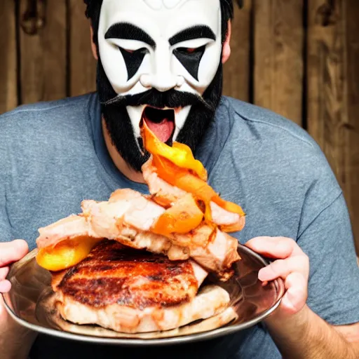 Image similar to man with guy fawkes mask eating pork chop