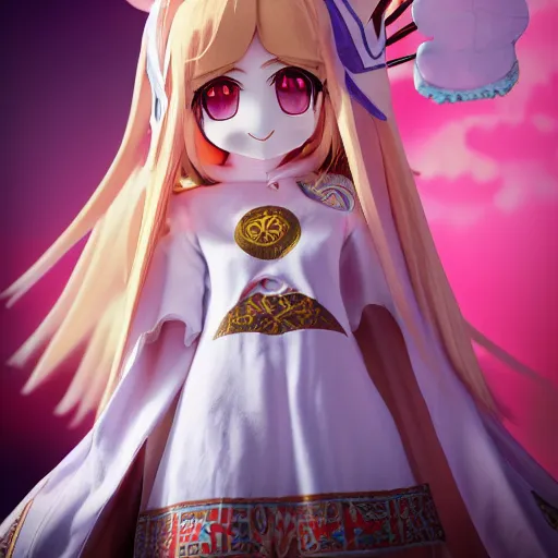 Image similar to cute fumo plush of the priestess of the sun god, holy maiden, lens flare, vray