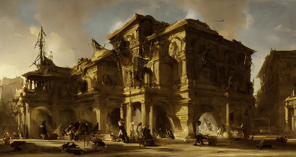 Prompt: painting zaha hadid building by hubert robert very very detailed cinematic peasants