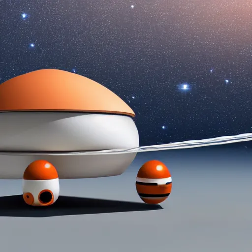 Image similar to a Space X design inspired, white colored, tall rounded rectangular shaped multi-level cargo personnel planetary transport vehicle with orange accents, wires and tubes, communication systems, antennas, on top is a hemisphere shaped life support pod, stairs, off road wheels, on a flat desert planet, sunlight, dramatic contrasting light, high quality, 3D render, long shot, clear blue sky, detailed