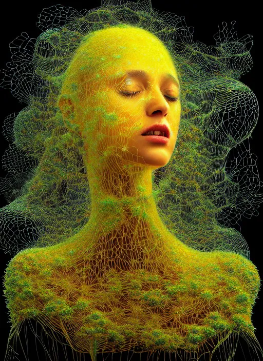 Image similar to hyper detailed 3d render like a Oil painting - Aurora (Singer) Eats of the Strangling network of yellowcake and milky Fruit and Her delicate Hands hold of gossamer polyp blossoms bring iridescent fungal flowers whose spores black the foolish stars by Jacek Yerka, Mariusz Lewandowski, Houdini algorithmic generative render, Abstract brush strokes, Masterpiece, Edward Hopper and James Gilleard, Zdzislaw Beksinski, Mark Ryden, Wolfgang Lettl, hints of Yayoi Kasuma, octane render, 8k