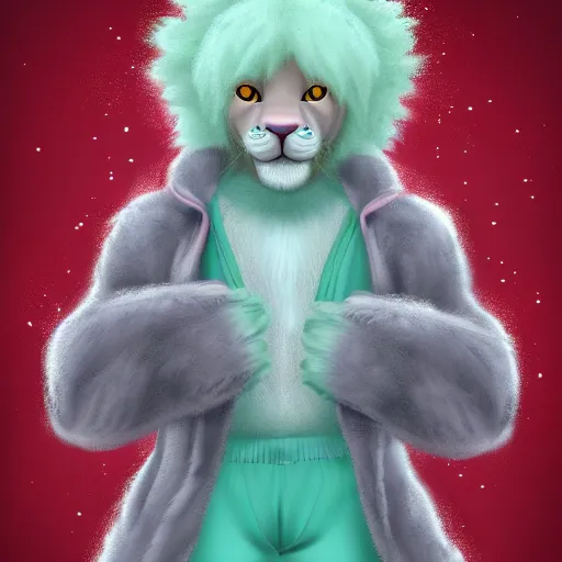 Image similar to aesthetic portrait commission of an albino male furry anthro lion wearing a cute mint colored, cozy, soft pastel winter outfit. winter atmosphere character design by dan volbert.