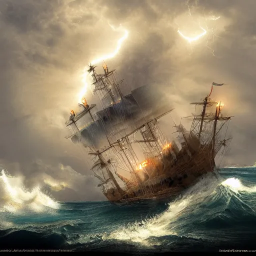 Prompt: pirate ship at sea, big storm with lightnings and tornado, trending on artstation