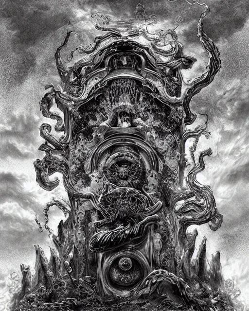 Prompt: the end of time, by kentaro miura, high detail, eldritch, lovecraftian, surreal, cosmic horror, existential dread, volumetric lighting, anxiety, digital artwork, trending on artstation, beautiful artwork, ornate, rococo, psychedelic colorization, influenced by tokio aoyama, influenced by mario martinez