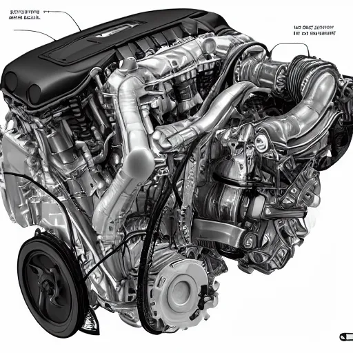 Image similar to Anatomy of an Volvo D5 engine, readable anatomy of an Volvo D5 engine, Readable drawing, Realism, clear image,