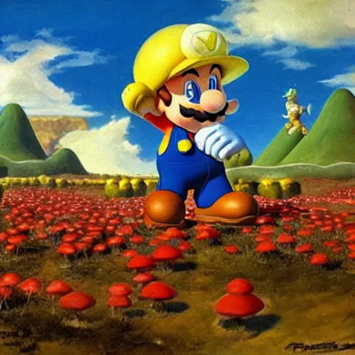 Image similar to super mario lost in the mushroom fields, landscape, on oil painting by frank frazetta