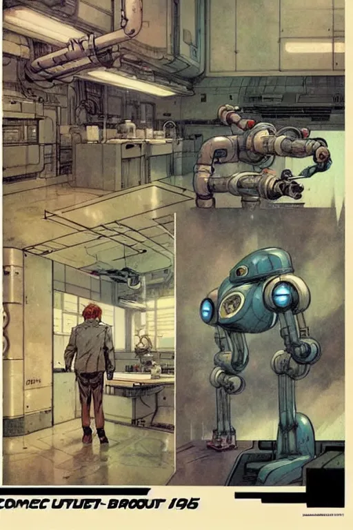 Prompt: comic book graphic page layout ( ( ( ( ( 1 9 5 0 s retro future robot lab interior. muted colors. ) ) ) ) ) by jean - baptiste monge!!!!!!!!!!!!!!!!!!!!!!!!!!!!!!