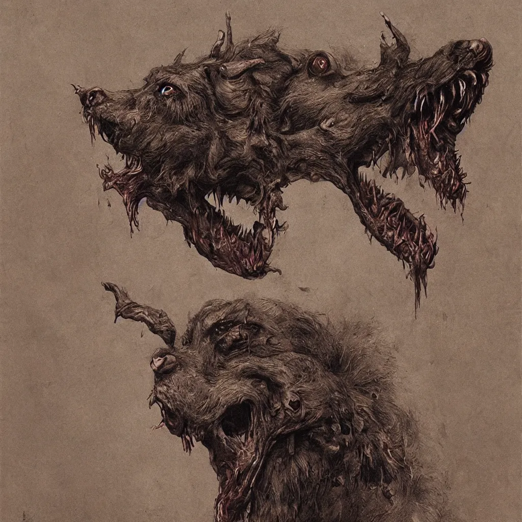 Image similar to horrifying and demonic dog with fangs, in the style of zdislaw beksinski