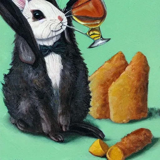 Image similar to a painting of a rabbit drinking tequila and eating croquette in gothic style