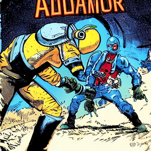 Image similar to chainsaw armadillo fighting mr freeze, style of Adams, Arthur, comic book