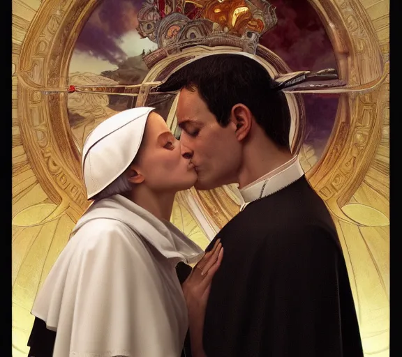 Image similar to photography of a pope kissing the breast of a sensual woman, deep focus, intricate, elegant, highly detailed, digital painting, artstation, concept art, matte, sharp focus, illustration, art by artgerm and greg rutkowski and alphonse mucha