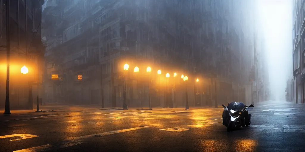 Image similar to parked Hayabusa on deserted city street, fog, rain, volumetric lighting, beautiful, golden hour, sharp focus, ultra detailed, cgsociety