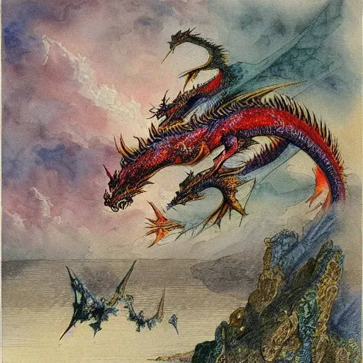 Image similar to colorful watercolor of a pattern of dragon by gustave dore