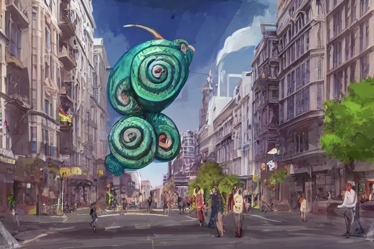 Prompt: concept art of a giant 1 0 meters high snail on the streets of a city