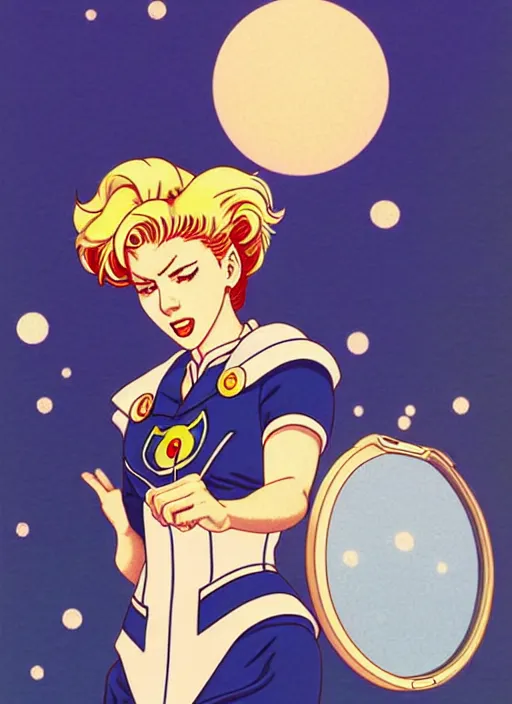 Prompt: perfectly centred realistic portrait of scarlett johansson as a sailor moon, looking in the mirror, in a business suit, ready for work, futuristic office, highly detailed, 8 0 - s style poster, sharp focus, illustration, art by kawase hasui,