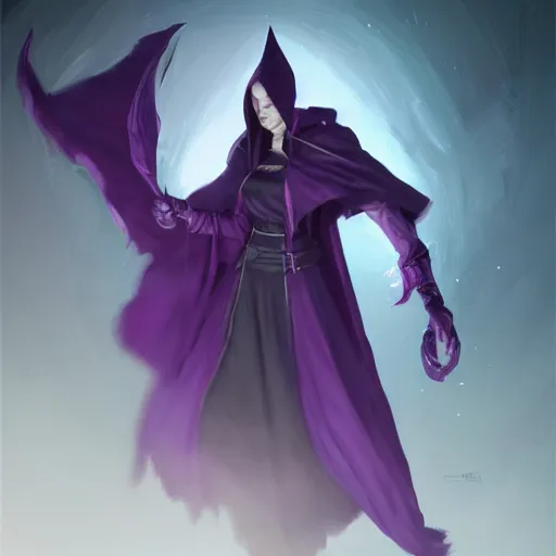 Image similar to female warlock long hood cloak purple, fighting monster with magic, 8 k, trending on artstation by tooth wu and greg rutkowski