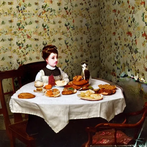 Image similar to a girl has breakfast with her cat at the table filled with food, flowery wallpaper, 1 8 8 0 s style, professional photography, color