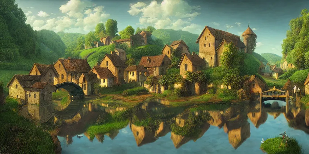 Image similar to super realistic photorealistic detailed village with a river, water, reflection, stone bridge, art by Gediminas Pranckevicius, Michelangelo