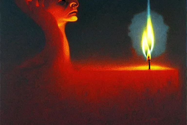 Image similar to burning out as a candle, in the style of beksinski, by roger dean, by dean ellis, intricate and epic composition, white by caravaggio, insanely quality, highly detailed, masterpiece, white light, artstation, 4 k