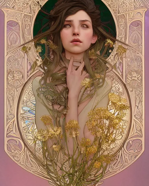 Prompt: dandelion | highly detailed | very intricate | art nouveau | gold filigree | storybook illustration | soft cinematic lighting | award - winning | painted by mandy jurgens and alphonse mucha and alena aenami | pastel color palette | featured on artstation