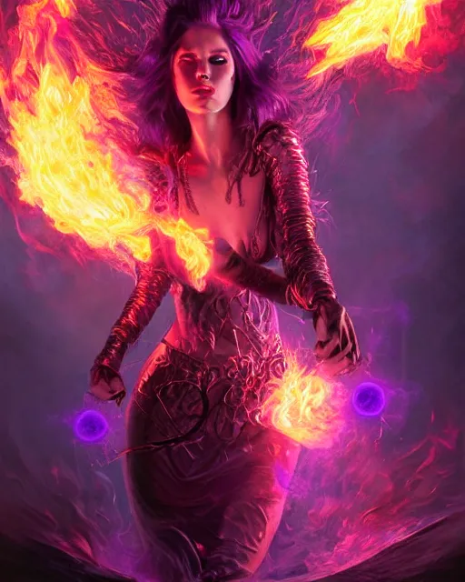 Image similar to pyromancer beauty cover in purple flames, deep pyro colors, purple laser lighting, award winning photograph, radiant flares, realism, lens flare, intricate, various refining methods, micro macro autofocus, evil realm magic painting vibes, hyperrealistic painting by michael komarck - daniel dos santos