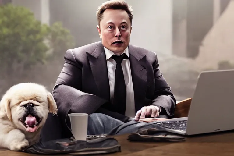 Prompt: elon musk dressed as sherif while hes on his laptop on amazon website with a dog, 8K, hyperrealistic, cinematic lighting