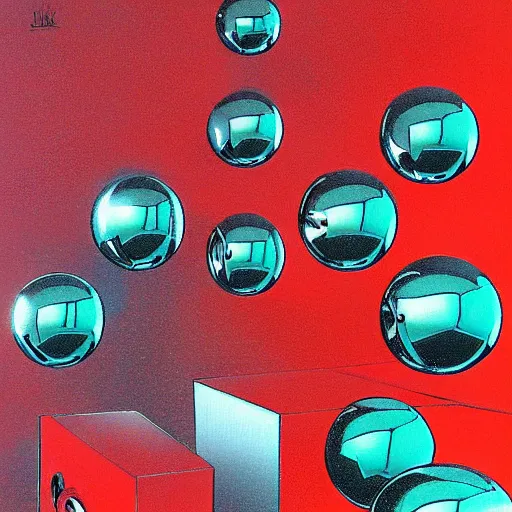 Prompt: chrome spheres on a red cube by jean giraud