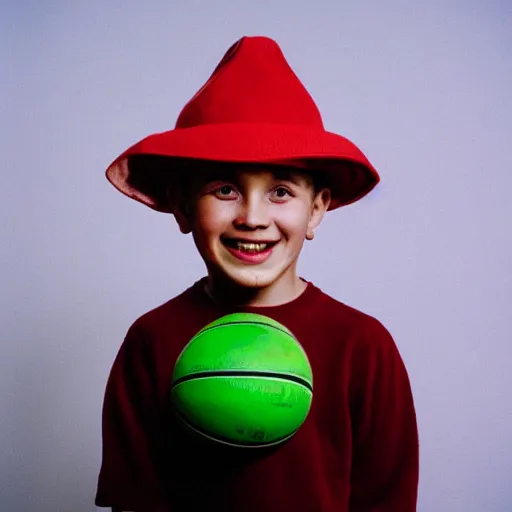 Image similar to a portrait of a middle aged child with an extremely big smile, big green eyes, a hat in the shape of a basketball on his head. 35mm