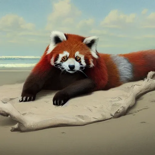 Image similar to commissioned artwork of a furry anthro red panda sunbathing on the beach, painted todd lockwood, jeff easley, greg rutkowski, james gurney, artgerm, digital art, trending on artstation