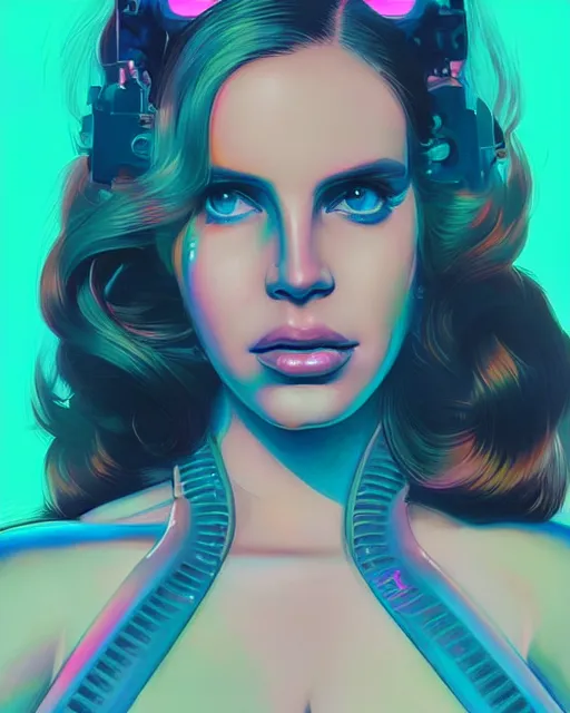 Image similar to portrait of lana del rey as a cyborg. realist abstract. key art. cyberpunk, blue and pink, intricate artwork. clear face, art by tooth wu, wlop, beeple, dan mumford. 8 k octane render, trending on artstation, greg rutkowski very coherent symmetrical artwork. cinematic, hyperrealism, very detailed, iridescent accents