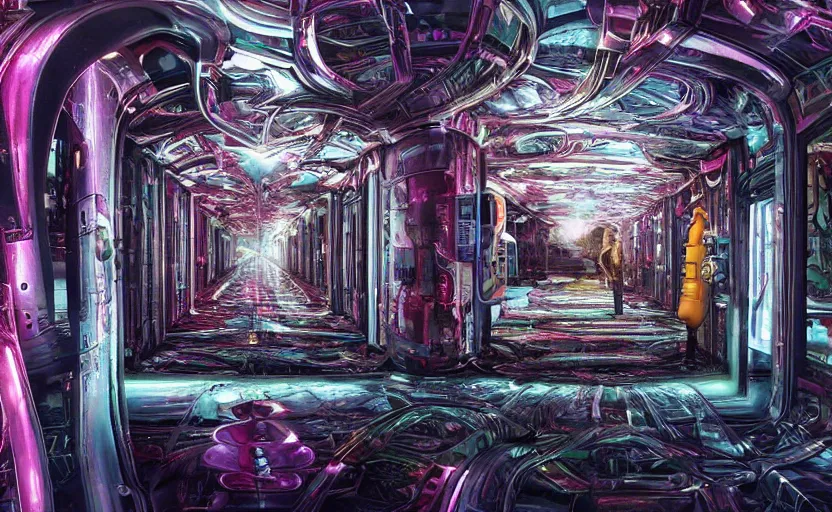 Prompt: mater from cars in a mirrored fractal hallway, romance novel cover, dmt visualization, in 1 9 9 5, y 2 k cybercore, industrial photography, still from a ridley scott movie