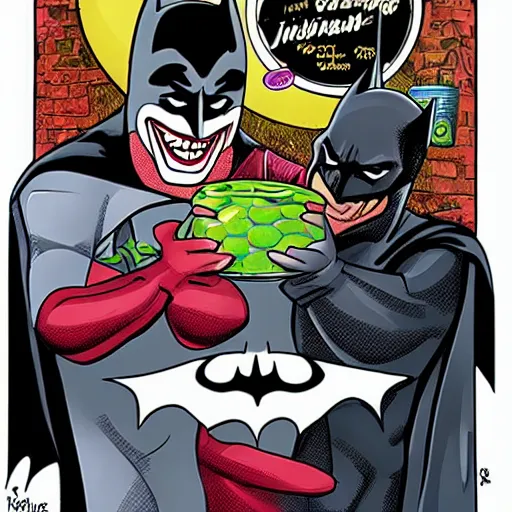 Image similar to batman and joker sharing a nice tin of beans