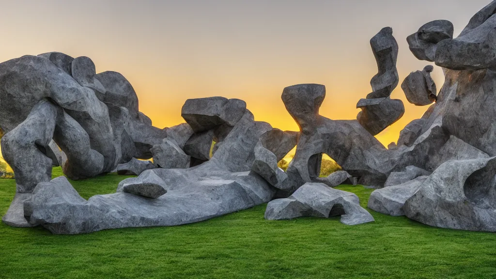 Prompt: a colossal abstract granite sculpture garden by michelangelo and henry moore and david cerny, on a green lawn, distant mountains, golden hour, 8 k, dslr camera, enormous creatures augment my desire, award winning