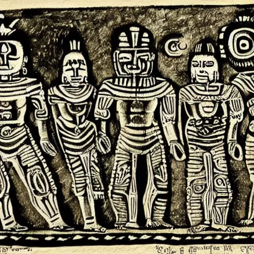 Image similar to Mayan drawing of stereotypical aliens visiting Aztecs on a UFO