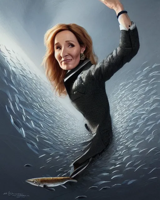 Prompt: j k rowling & michael mcintyre with a sardine can, elegant, real life skin, intricate, high detailed, artstation, concept art, smooth, sharp focus, art by artgerm and greg rutkowski