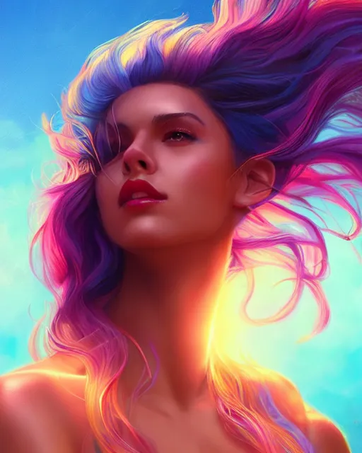 Image similar to summer vibes, beautiful sun tanned goddess portrait, flowy rainbow hair, sun, summer, cinematic lighting, highly detailed, digital painting, trending on artstation, pixiv, concept art, sharp focus, illustration, art by ross tran and wlop