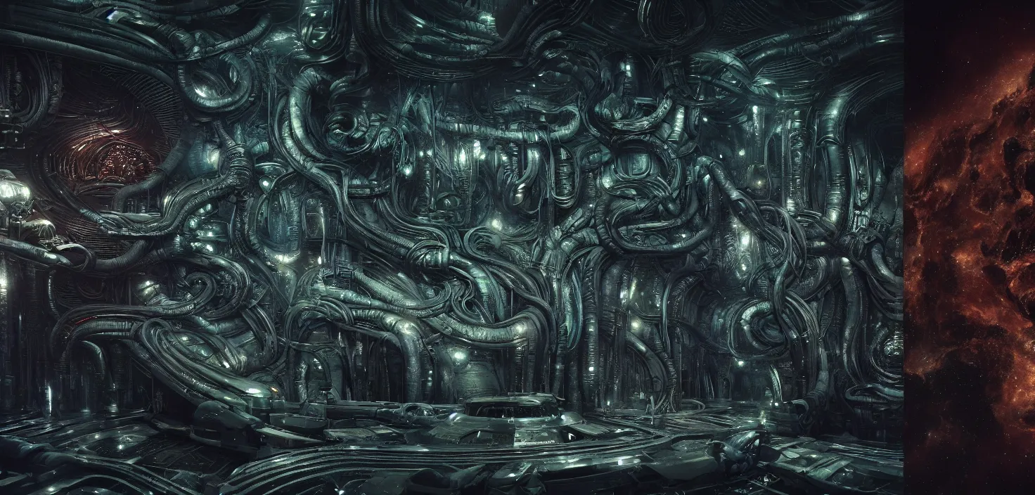 Image similar to Prometheus biological sci-fi environment set close-up, ship control panel close-up, in a nightmarish universe of odd forms and somber tapestry, HR Giger and Vincent Di Fate, vivid color scheme, featured in artstation, octane render, cinematic, elegant, intricate, 8k