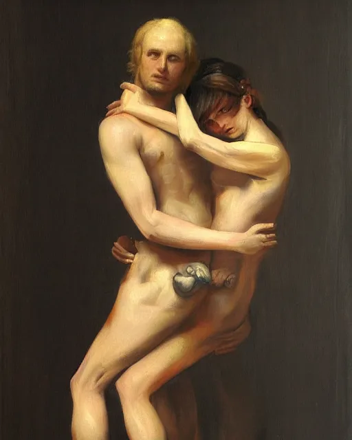 Image similar to a painting of a man holding a woman in his arms by pascal blanche, trending on deviantart, transgressive art, flemish baroque, furaffinity, renaissance painting