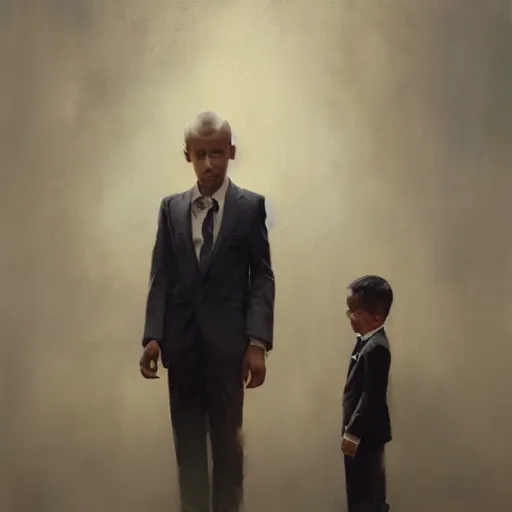 Image similar to oil painting of a man in a suit indifferent to an orphan boy who asks, by greg rutkowski, artstation