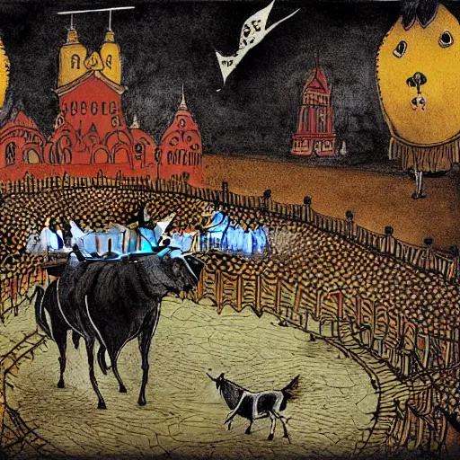 Prompt: ecstatic by alexander jansson dark black, ochre. a illustration of a bullfight in spain. the illustration is set in an arena with spectators in the stands. several figures in the illustration, including a matador & a bull.