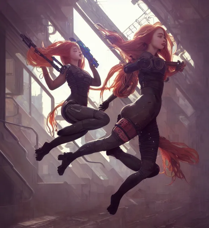 Image similar to full body painting of chuu loona cyberpunk mercenary smiling and jumping, perfect face, ultra realistic, concept art, intricate details, eerie, highly detailed, photorealistic, octane render, 8 k, unreal engine. art by artgerm and greg rutkowski and magali villeneuve and alphonse mucha