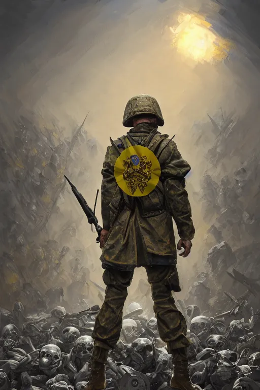 Image similar to a distant shot of a Ukrainian Modern Warfare soldier with blue and yellow flag standing alone on a pile of skulls as a winner, masculine figure, D&D, fantasy, intricate, elegant, highly detailed, hyperrealistic, extremely detailed, digital painting, artstation, concept art, matte, sharp focus, symmetrical, illustration, art by Artgerm and Greg Rutkowski and Alphonse Mucha