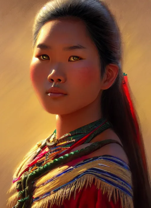 Image similar to portrait of a beautiful teen tai lue ethnic north thailand, closeup portrait, historical, ethnic group, traditional costume, elegant, loin cloth, highly detailed, oil painting, artstation, concept art, matte, sharp focus, illustration, hearthstone, art by earl norem