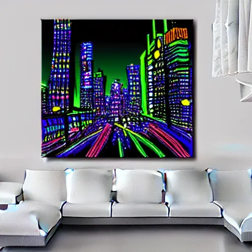 Image similar to realistic painting neon city black light highly detailed trending on art station