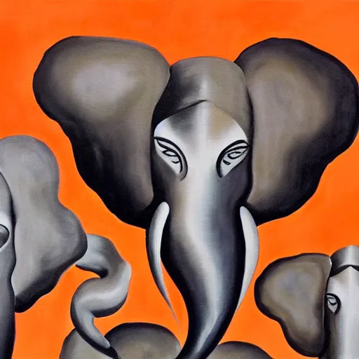 Image similar to An abstract painting of swirling elephants by Salvador Dali, orange and gray color palette