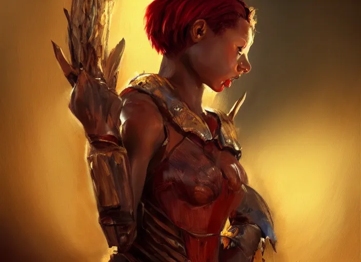 Image similar to landscape, portrait painting beautiful realism, an african girl red hair in wood armor who was sprawled out was about to rise, his face covered in blood. cinematic scene, good lighting, fine art, trending on artstation, smooth draw, sharp focus.